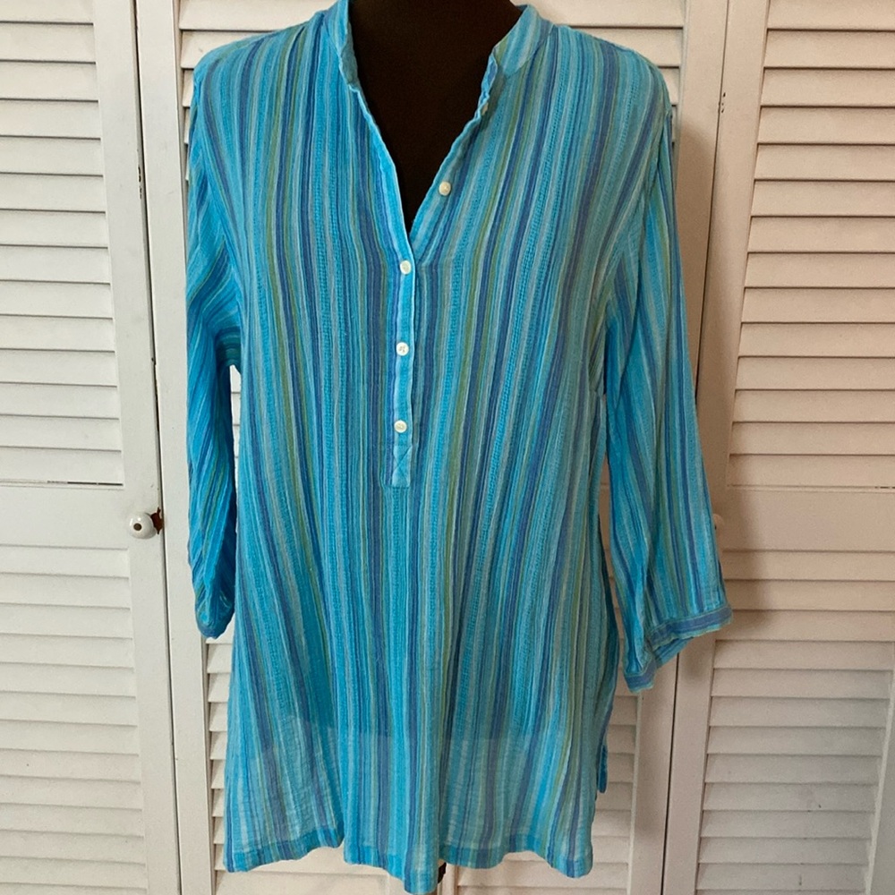 Sag Harbor women’s blue  stripped Tunic 3/4” sleeves size XL